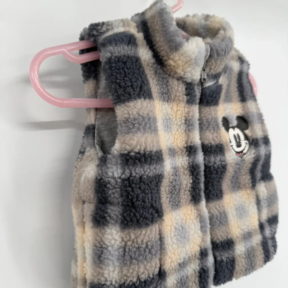 Disney‎ Mickey Mouse Baby Boy's Faux Sherpa Vest Gray/Cream Plaid Size 0/3M